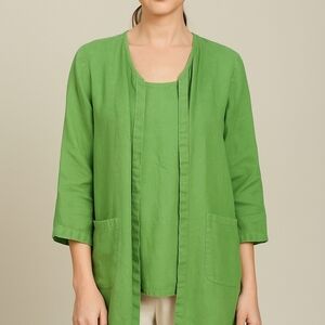 Flax Green 100% Linen Lagenlook Open Front Tunic Top